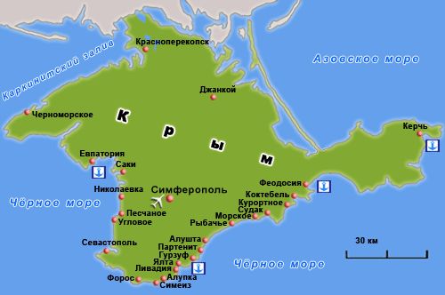 Подробная карта побережья Крыма и туристическая карта